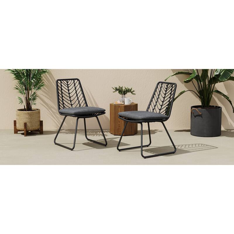 Roomfitters Deja Set of 2 Outdoor Wicker Dining Chairs with Water-Resistant Cushions, Transitional Rattan and Iron Frame, Gray