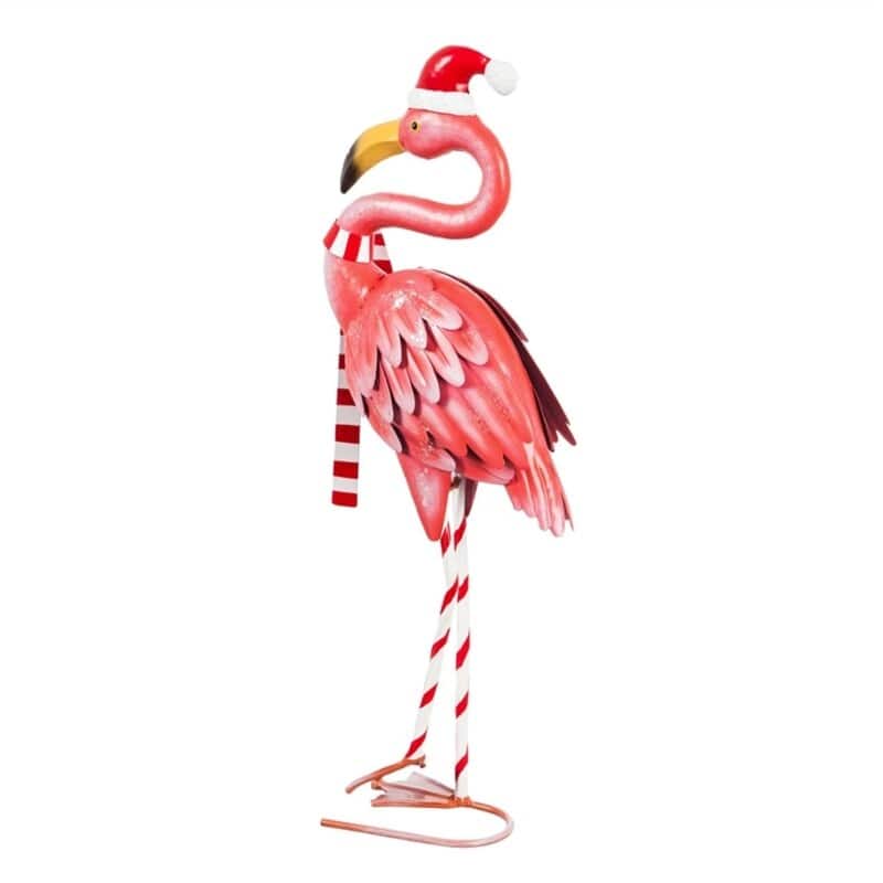 Winter Flamingo 39 in. Metal Planter w/Santa Hat - Regular