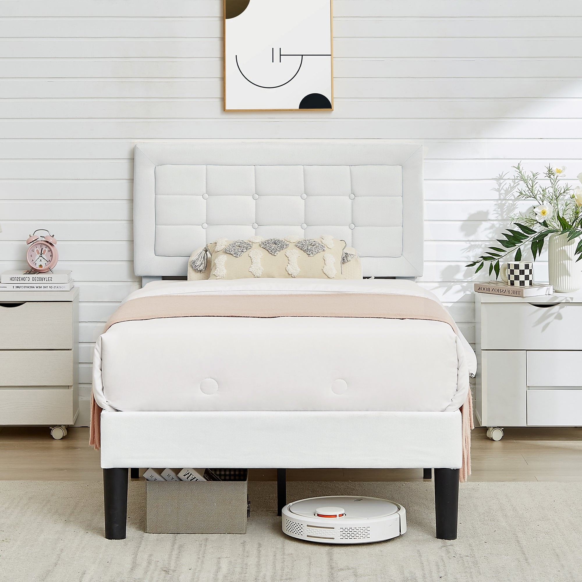 Javlergo Modern Upholstered Platform Bed Frame with Height Adjustable Tufted Headboard