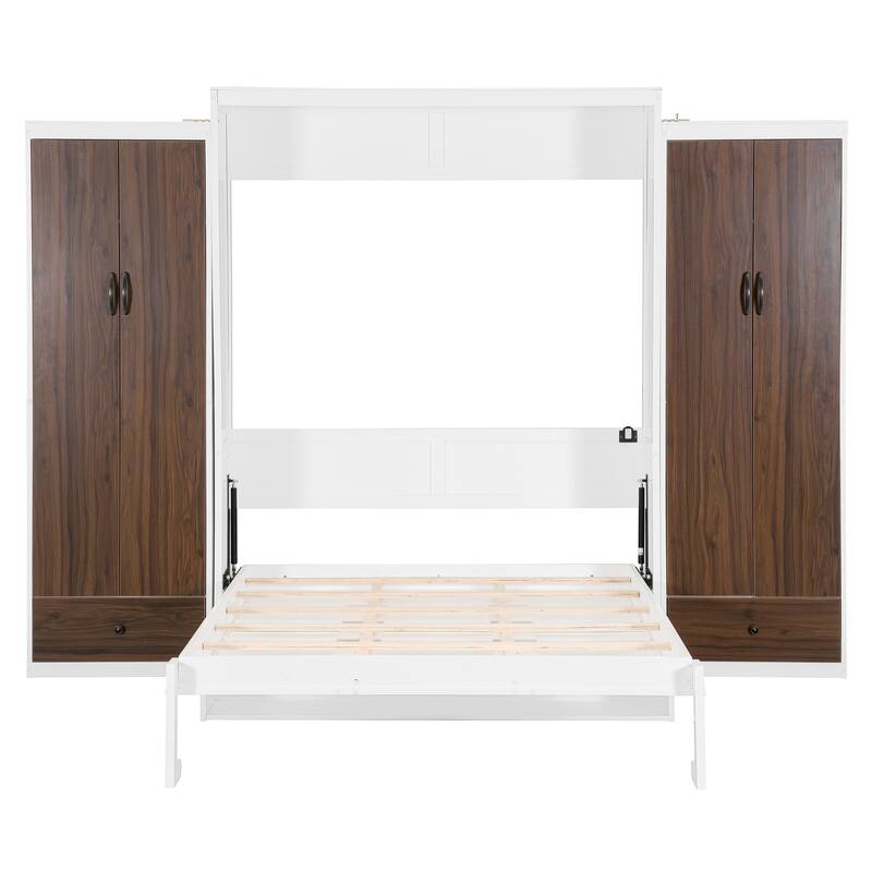 Full or Queen Murphy Bed Cabinet with Wardrobes, Drawers & Desk, Wood Foldable Storage Wall Bed w/Hydraulic Lifting & LED Light