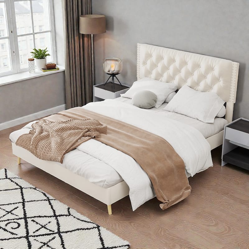 Suede Velvet Upholstered Bed Frame with Tufted Headboard, Soft Platform Bed for Master Bedroom