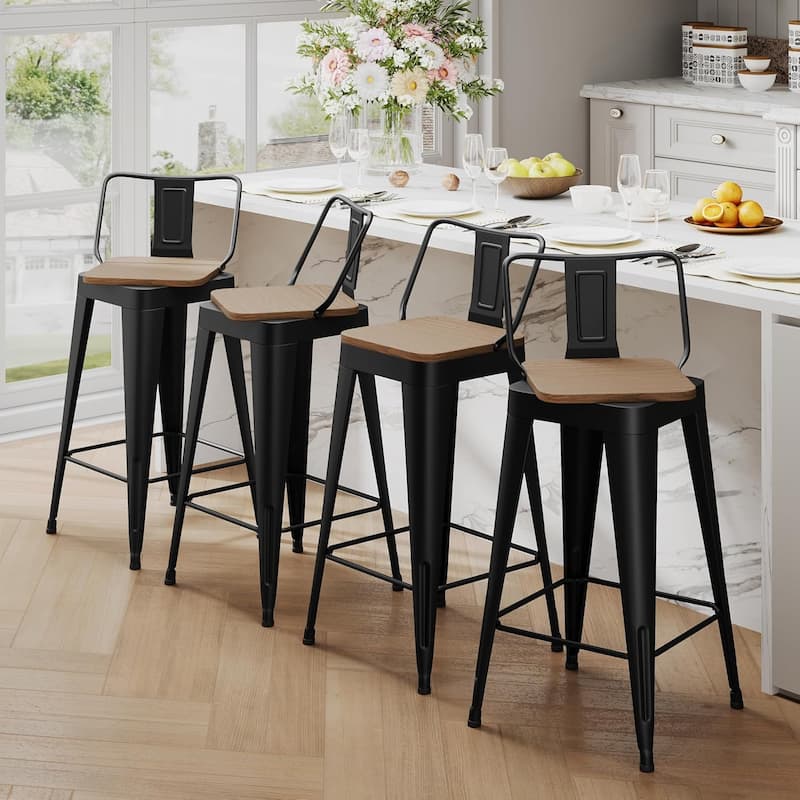 Swivel Counter & Bar Stools with Metal Frame Farmhouse 26" and 30" Seat Height Kitchen Barstools with Low Back and Wooden Seat - Black - Counter Height - Set of 4