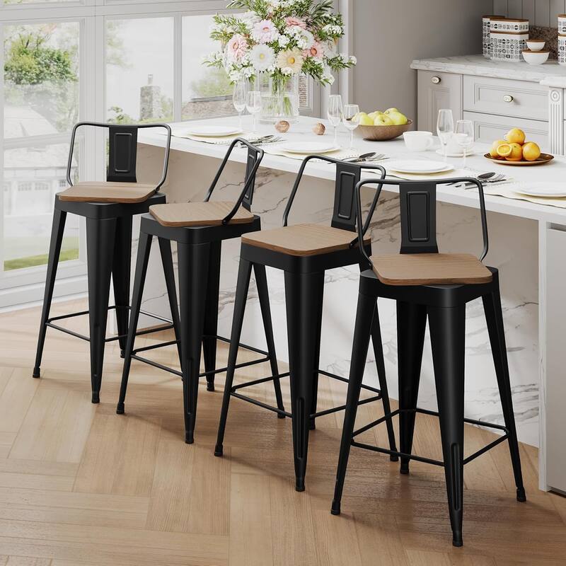 Swivel Counter Stools with Metal Frame Farmhouse Counter Chairs with low Back 24" Kitchen Bar Furniture Stools with Wooden Seat