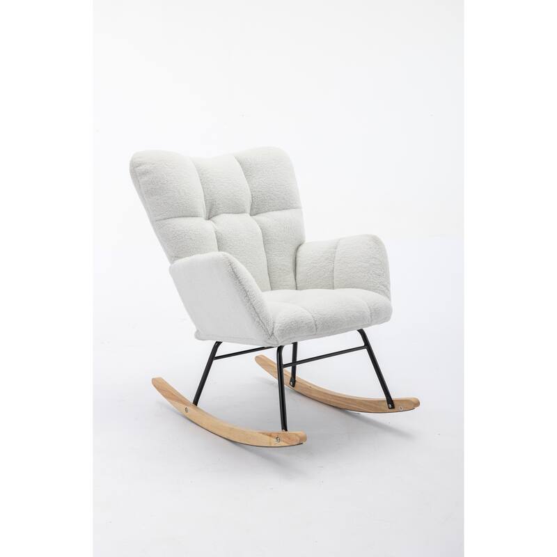 Teddy Fabric Upholstered Glider Rocker, Reading Chair with Thick Padded Seat, High Backrest Armchair with Wooden Legs