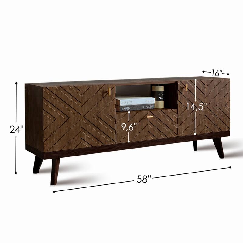 Living Skog Alba Beige TV Stand Console with Drawer Fits TV's up to 65 in. with Wood Legs Mid Century Modern Design