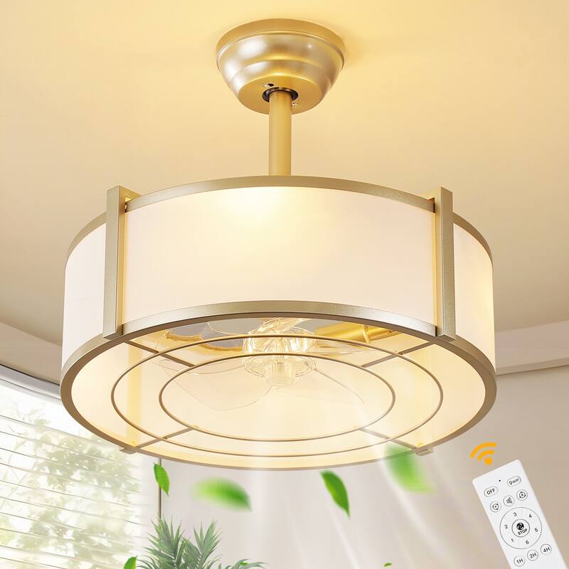 20" Modern Fabric Caged Ceiling Fan Chandelier with Remote - 4-Light - Gold