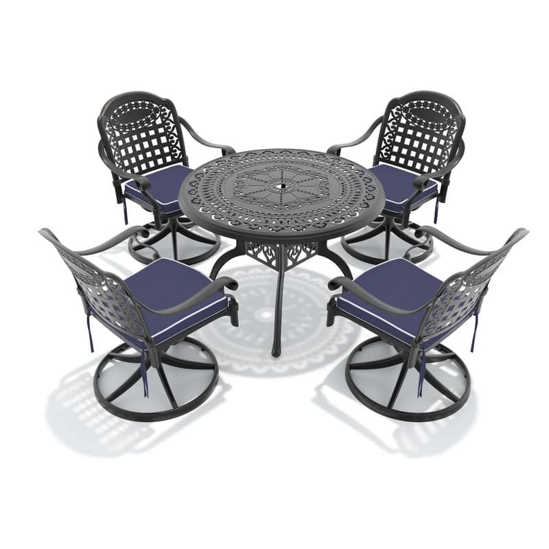 5-Piece Aluminum Round Outdoor Patio Dining Set, 4 Cushioned Swivel Chairs, Table, All-Weather Frames