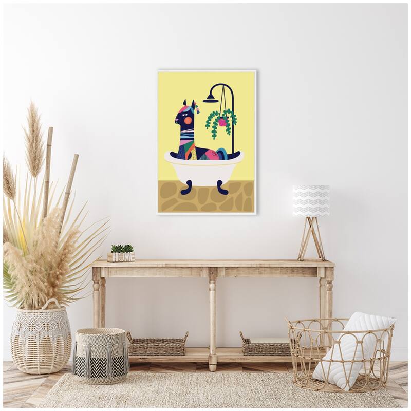 Kate and Laurel Sylvie Modern Yellow Llama in Bathtub Framed Canvas by Rachel Lee
