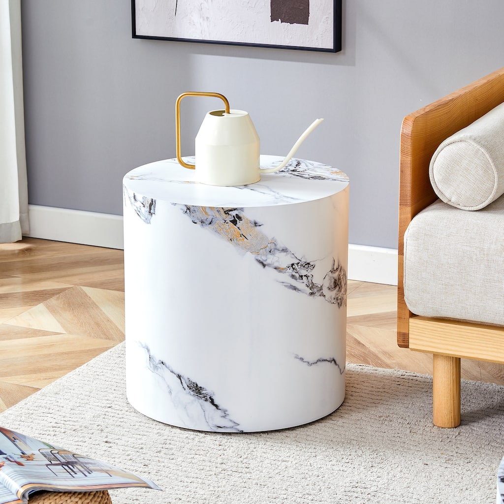 Roomfitters Cylindrical Coffee Table with Marble Pattern, Versatile Modern Table for Dining, Work or Living Room