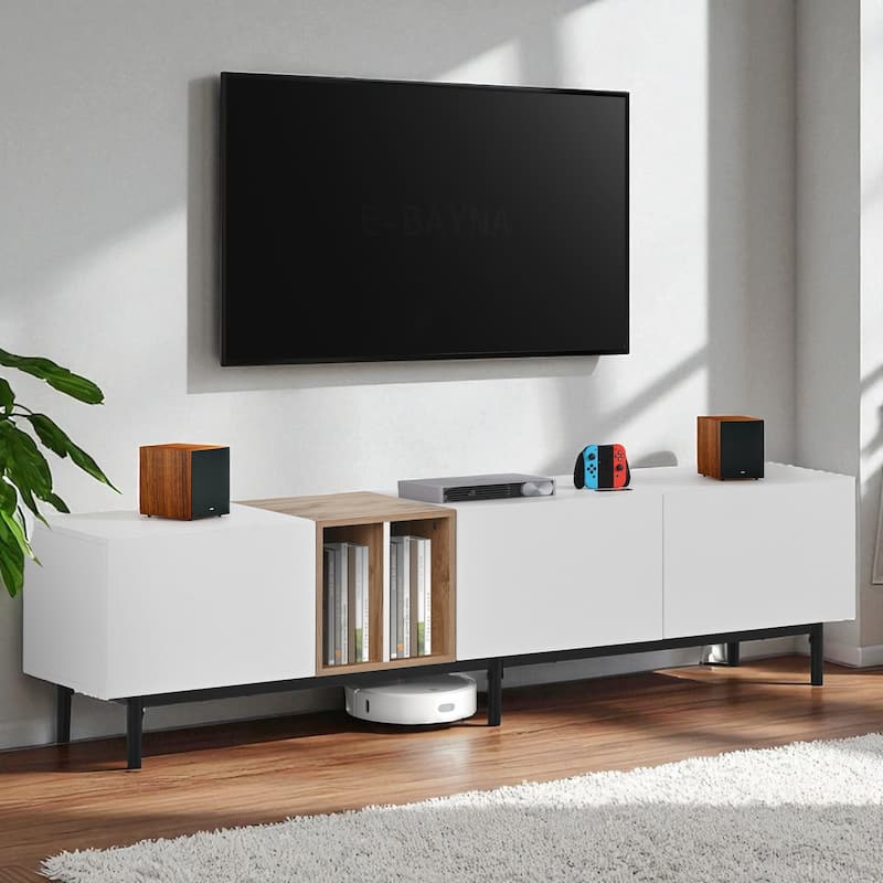 Modern 80 Inch TV Stand with 3 Drop-Down Doors, Entertainment Console with Large Storage Cabinet for Bedroom or Media Space