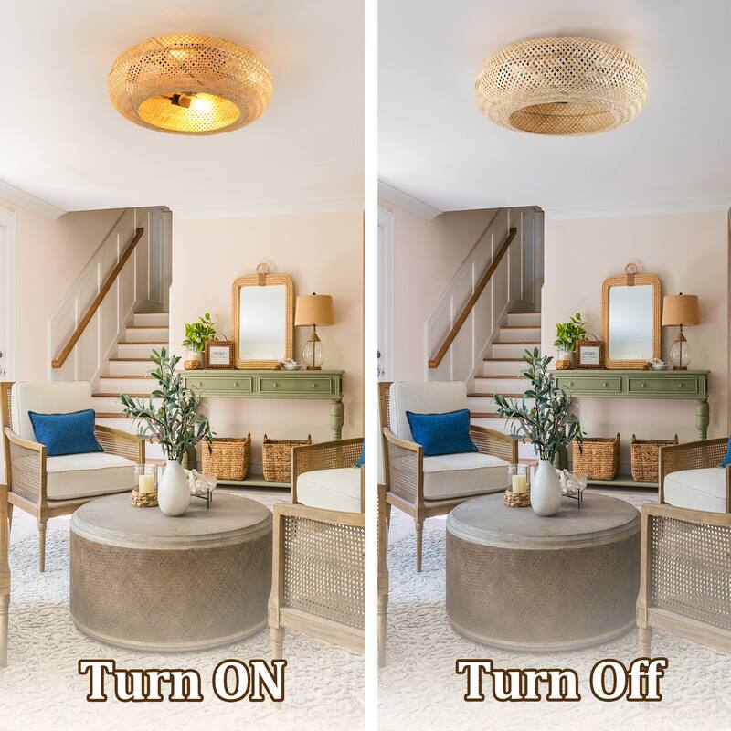 19" Rattan Ceiling Fan with 4 Bulbs, Dimmable, Remote Control,7 Blades, Reversible DC Motor - Yellow Brown