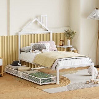 Twin Size Metal Platform Bed Frame with Under Bed Storage Drawers and House-Shaped Headboard for Kids, Teens - White