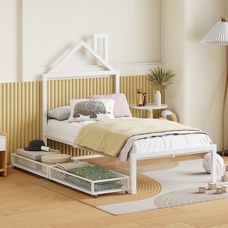 White Twin Size Metal Platform Bed with two drawers,House-Shaped Headboard Design for Kids, Boys and Girls
