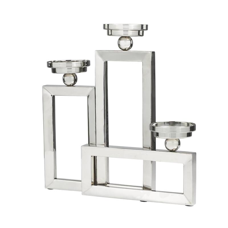 Stainless Steel Metal Geometric Open Frame Decorative Candelabra with Overlapping Rectangles - Silver - Roche River Decor