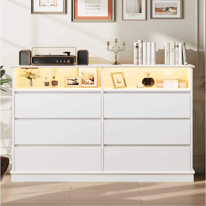 6 Drawer Dresser with LED Lights & Charging Station, Modern Chest of Drawers with Open Shelf - White