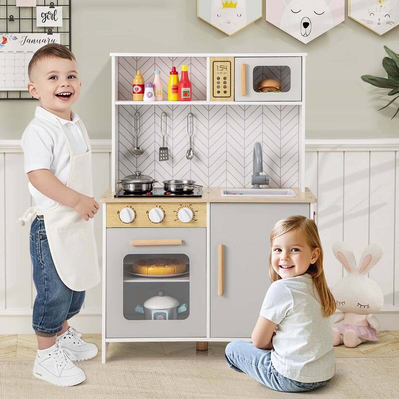 Wooden Toy Kitchen Pretend Kids Kitchen Playset w/Light