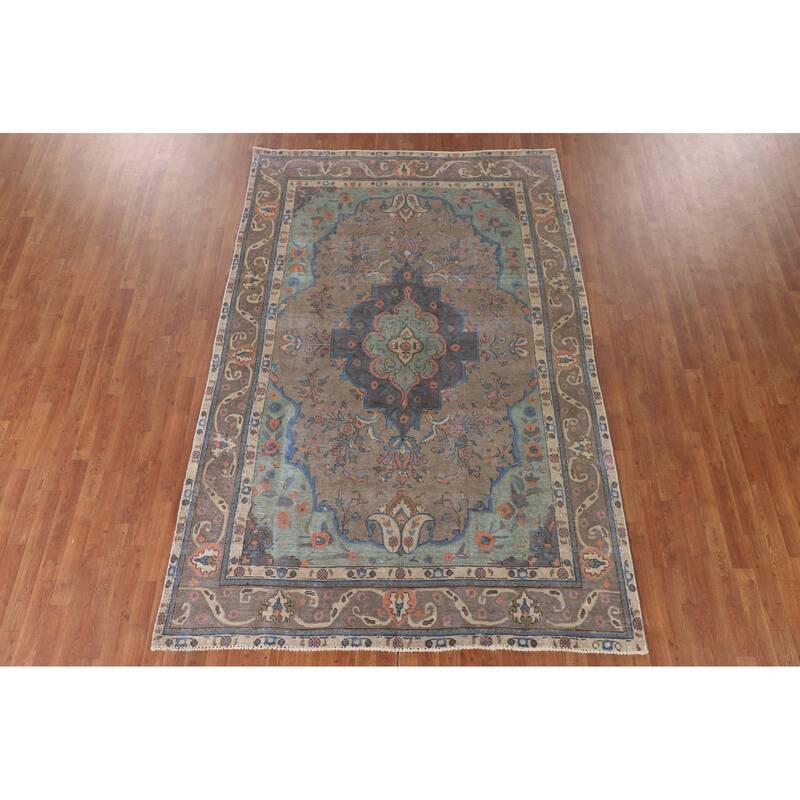 Tabriz Living Room Vintage Rug Handmade Wool Carpet - 6'5"x 9'6"