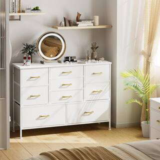 Wide Dresser for Bedroom TV Stand with 9 drawers, Leather Front, Living Room, White