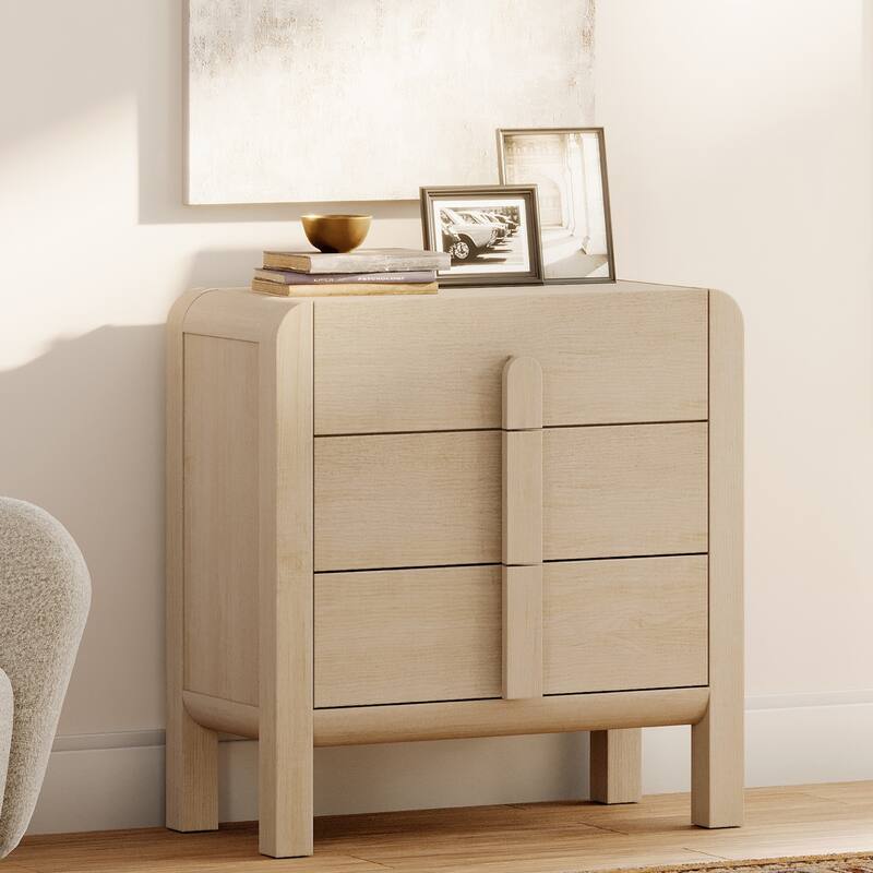 WAMPAT Modern Wood 3-Drawer Dresser With Curved Profile Design, Mid Century Dresser Organizer Storage For Bedroom,Living Room - Light Oak