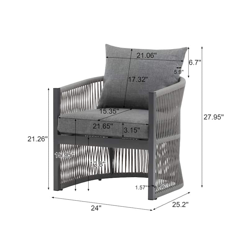 [Set of 2] Modern Beige Curved Aluminum Lounge Chair w/ Stylish Rope-Weave Design & Cushioned Comfort for Backyard, Poolside