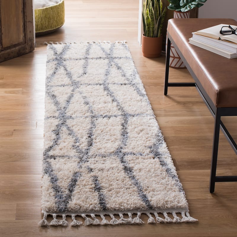 SAFAVIEH Berber Fringe Toyoko Madie Trellis Rug - 2' x 8' Runner - Cream/Grey