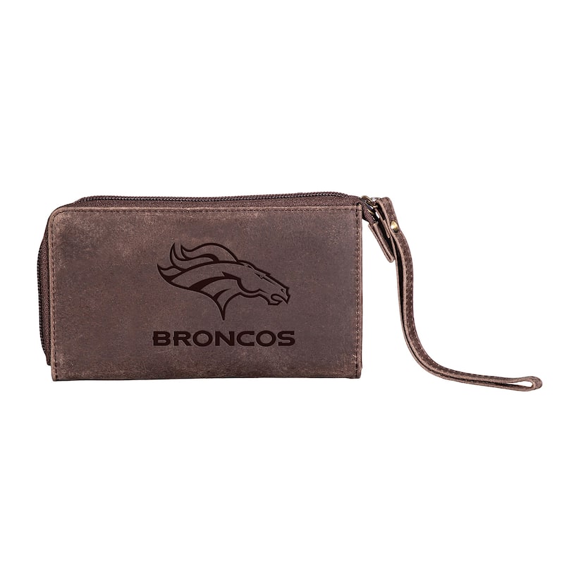 Brown Leather Cell Phone Wristlet Wallet, Denver Broncos - 4" x 7"