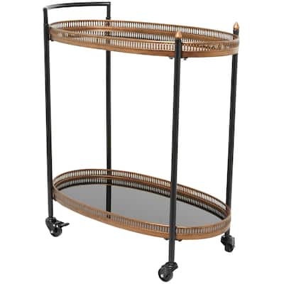 Metal Rolling Oval 2 Shelf Bar Cart with Vintage Inspired Details - Gold or Brass - Roche River Decor