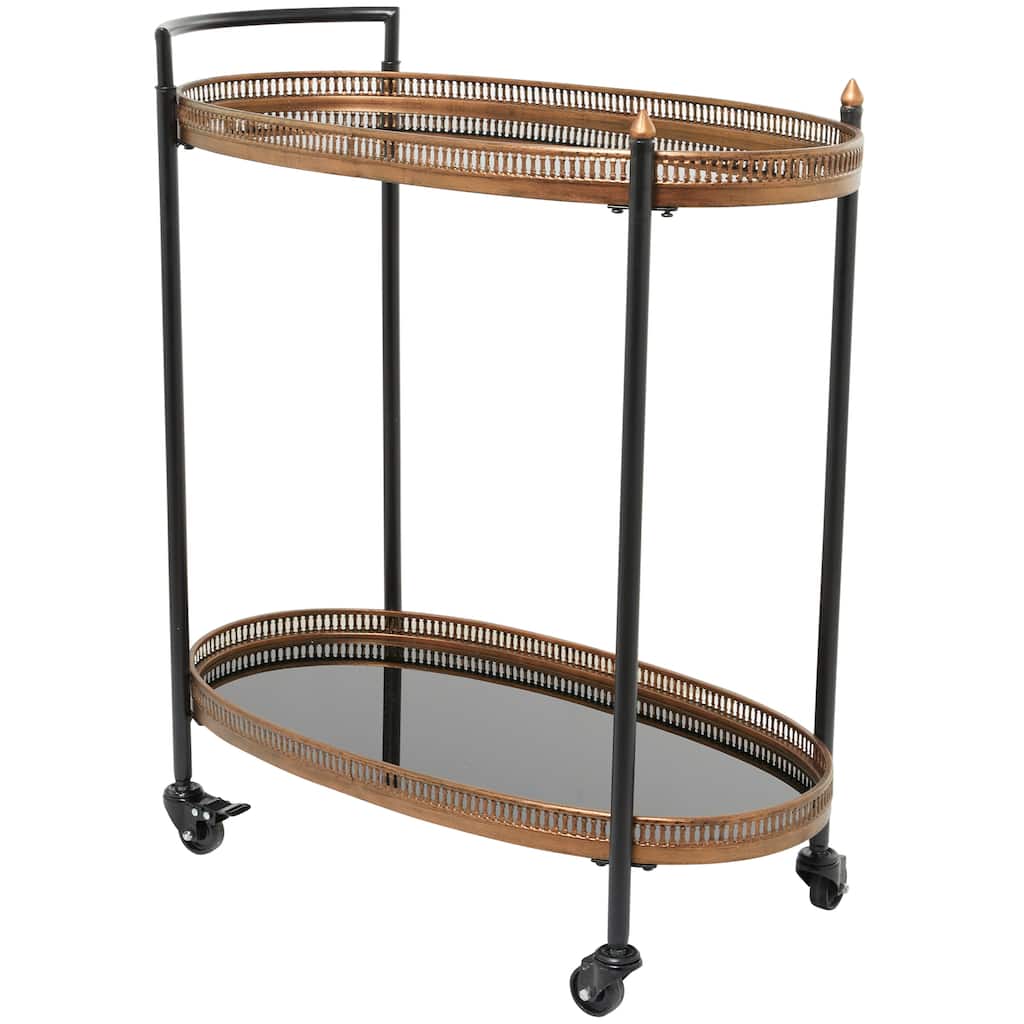 Metal Rolling Oval 2 Shelf Bar Cart with Vintage Inspired Details - Gold or Brass - Roche River Decor
