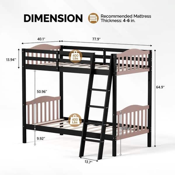 dimension image slide 1 of 5, Twin Over Twin Solid Wood Bunk Bed for Kids and Adults, No Box Spring Required