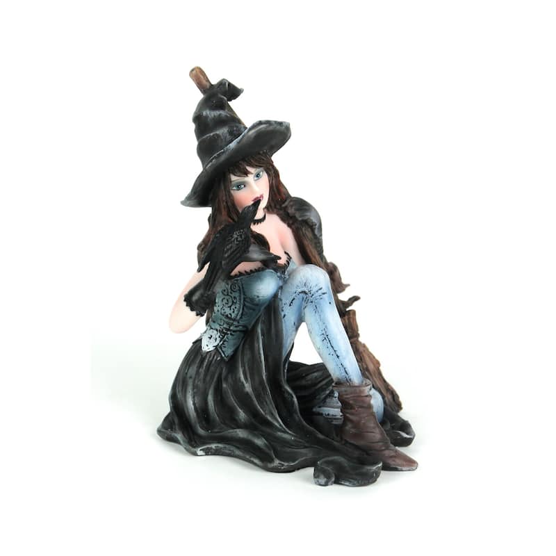 Sitting Witch Holding Broomstick W/Black Raven Figurine Statue - 5.5 X 4.25 X 4.25 inches