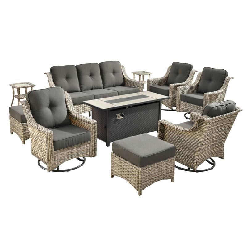 HOOOWOOO 10-piece Wicker Outdoor Patio High Back Swivel Chair Set with Fire Pit