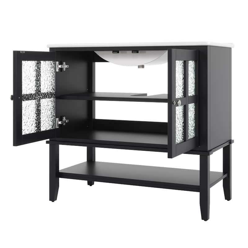 36" Bathroom Vanity with Ceramic Sink, Adjustable Shelf and Open Shelf with Wood Legs, Metal Knobs and Soft Close Hinges Design