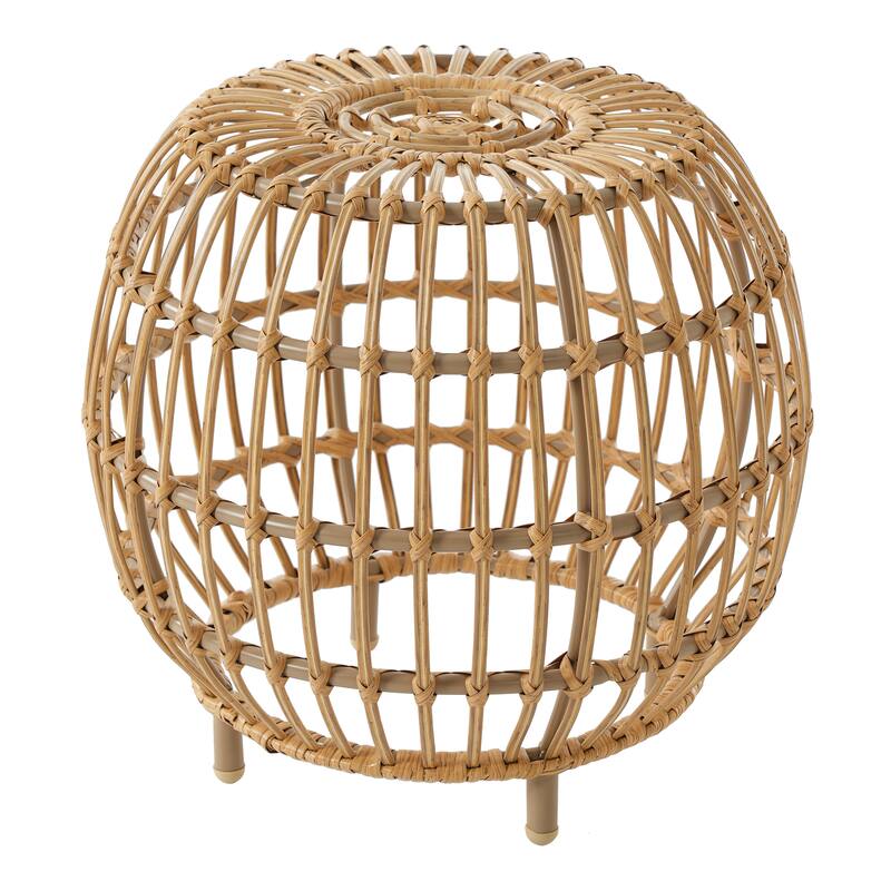 Roomfitters Bohemian Faux Rattan Side Table, Handcrafted Round Accent Table for Indoor & Outdoor Use, Light Brown