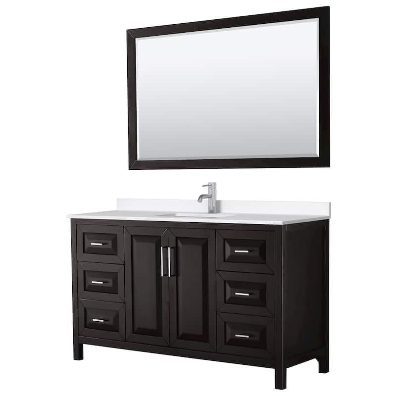 Daria 60-inch Single Vanity, Single Hole Quartz Top, 58-inch Mirror - Dark Espresso, Chrome Trim, White Quartz Top