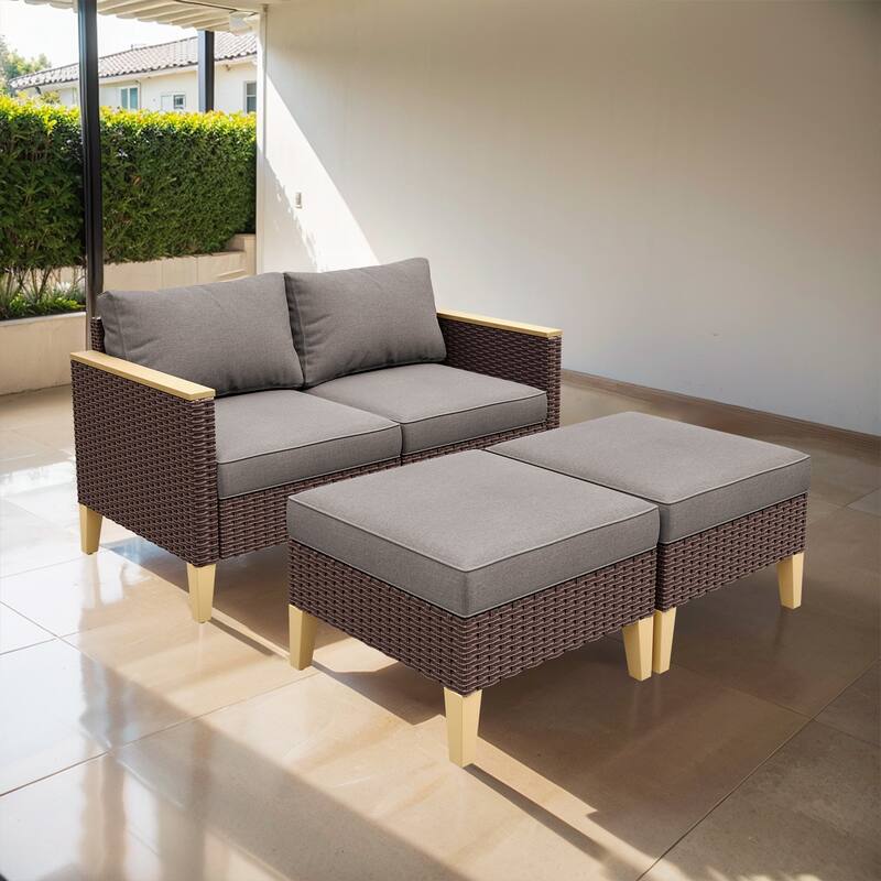 Gymojoy 3 Piece Patio Loveseat Sofa with Ottoman - Brown - Grey