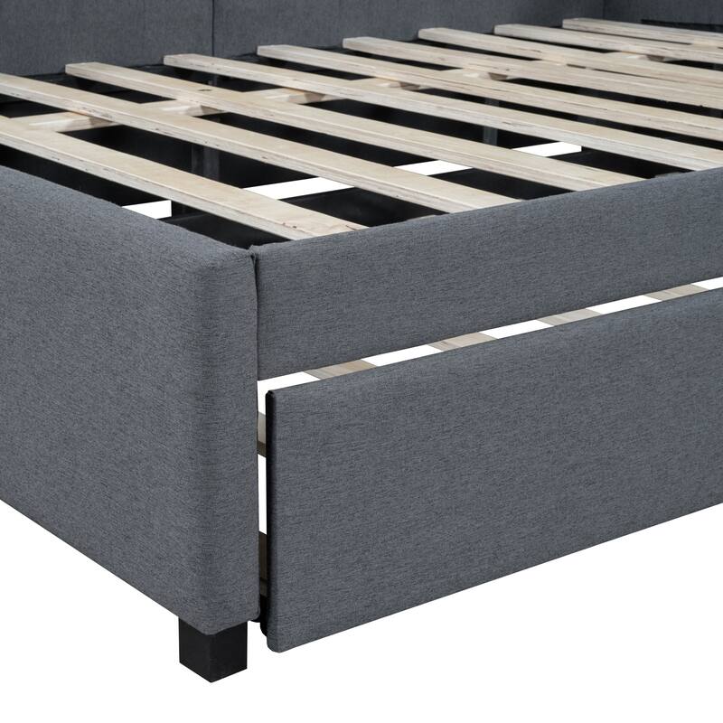 L-Shaped Backrest Daybed Upholstered Daybed Frame Classic Wood Slats Design with 2 Storage Drawers or Trundle, Full Size