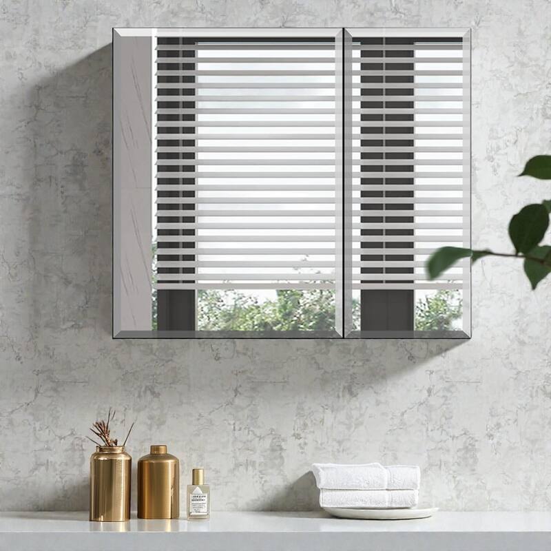 30 x 26 Inch Aluminum Bathroom Medicine Cabinet with Mirror, Recessed or Surface Mount, Large Storage - Silver