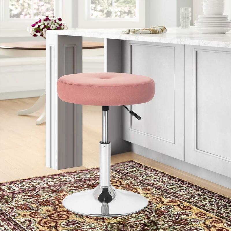 Adeco Adjustable Velvet Round Ottoman Swivel Vanity Stool Makeup Chair - Pink