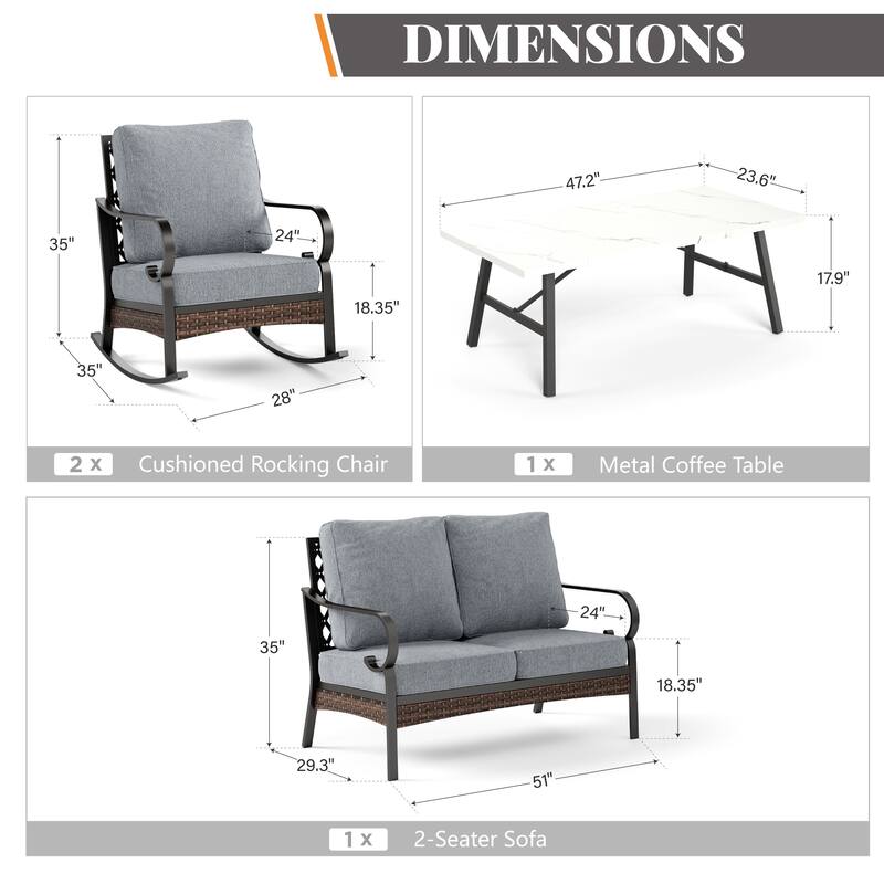 MAISON ARTS 4-Seat Patio Conversation Sets with 2 Rocking Sofa Chairs, 1 Loveseat Sofa and 1 Coffee Table