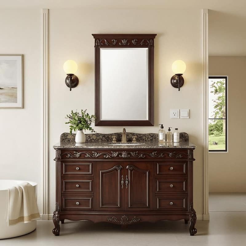Benton Collection 56 inch Traditional Style Bathroom Sink Vanity With Baltic Brown Top