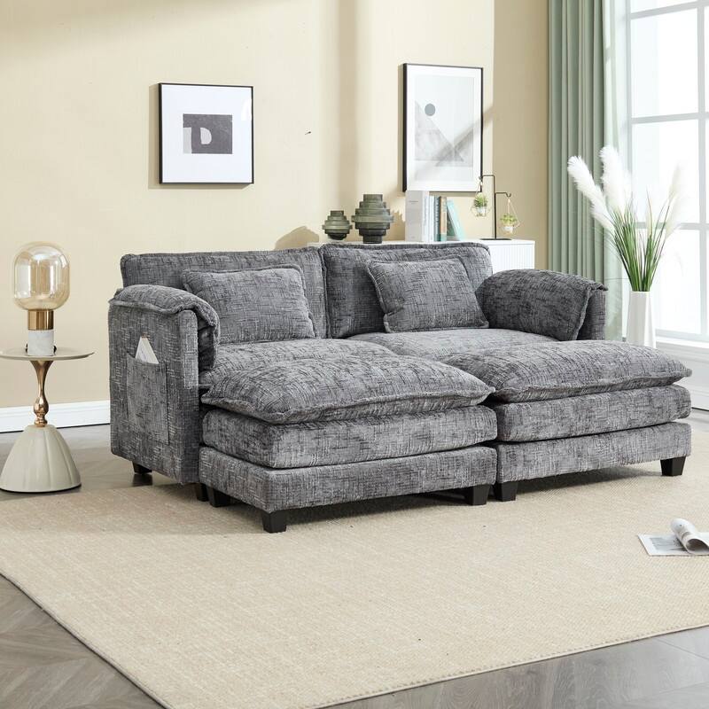 76.77" Chenille Upholstered Sofa with 2 Ottomans
