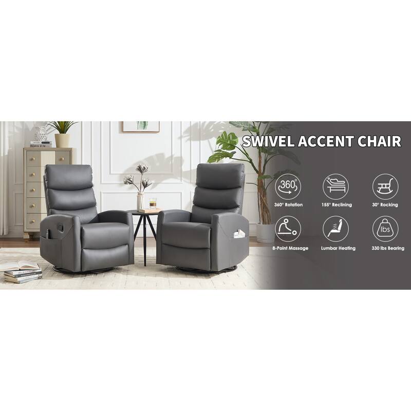 Roomfitters Manual Swivel Rocker Recliner Chair with Heat and Massage Fabric Glider Lounge Sofa for Living Room