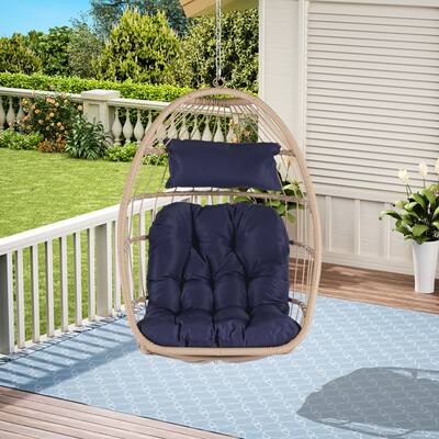 Outdoor Hanging Hand Woven Rattan Egg Chair Swing Chair Hang Chair Swing Lounge Chair with Dark Blue Water Resistant Cushion