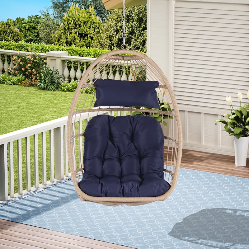Rattan Egg Hanging Chair with Cushion - Dark Blue