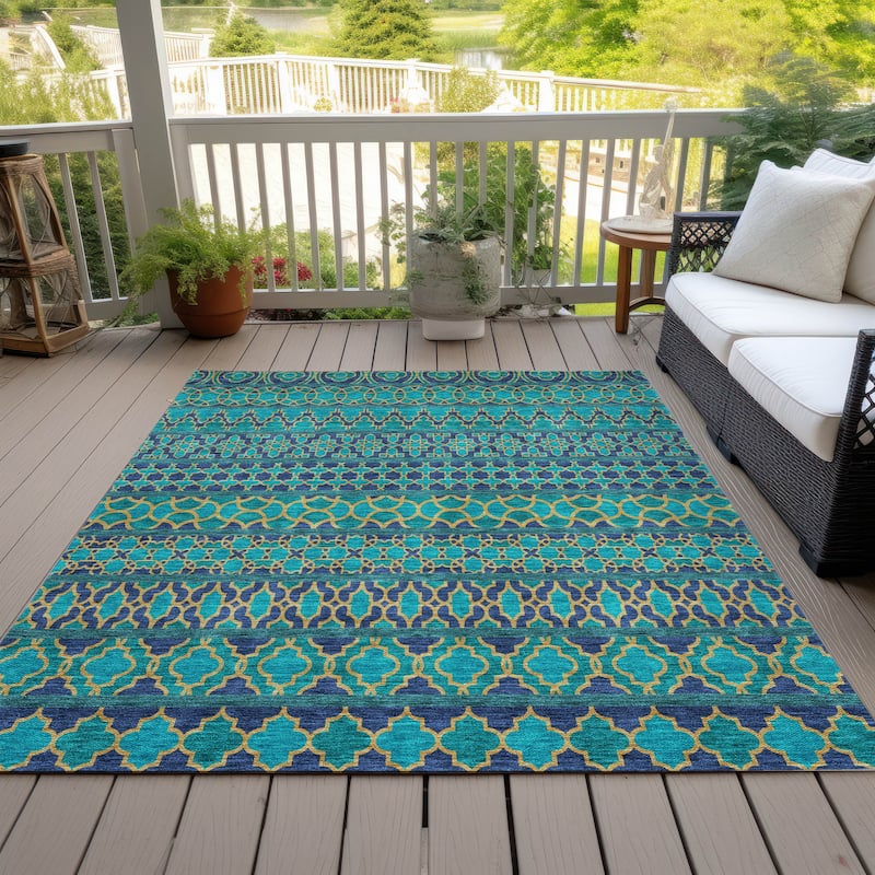 Machine Washable Indoor/ Outdoor Chantille Stripe Boho Rug - Teal - 10' x 14'