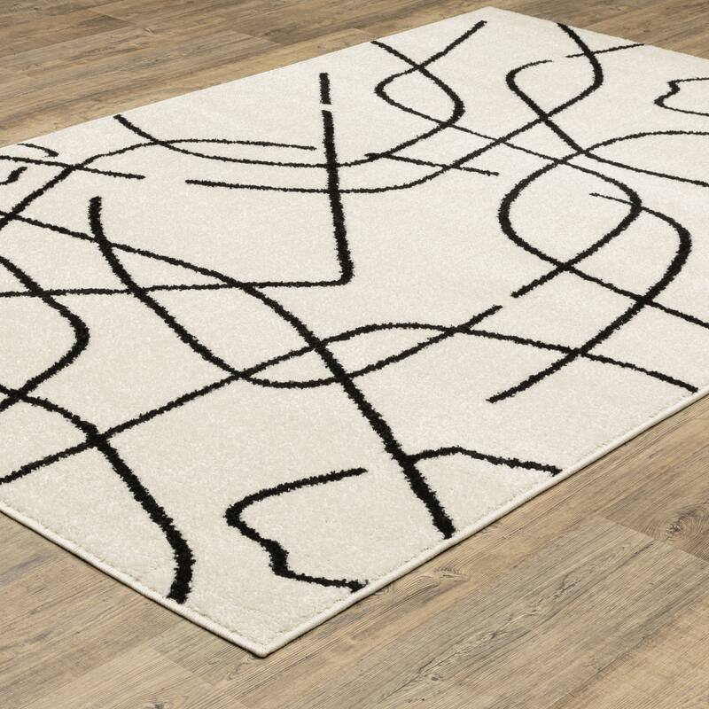 Quartz Mid-Century Abstract Lines Beige/ Black Area Rug