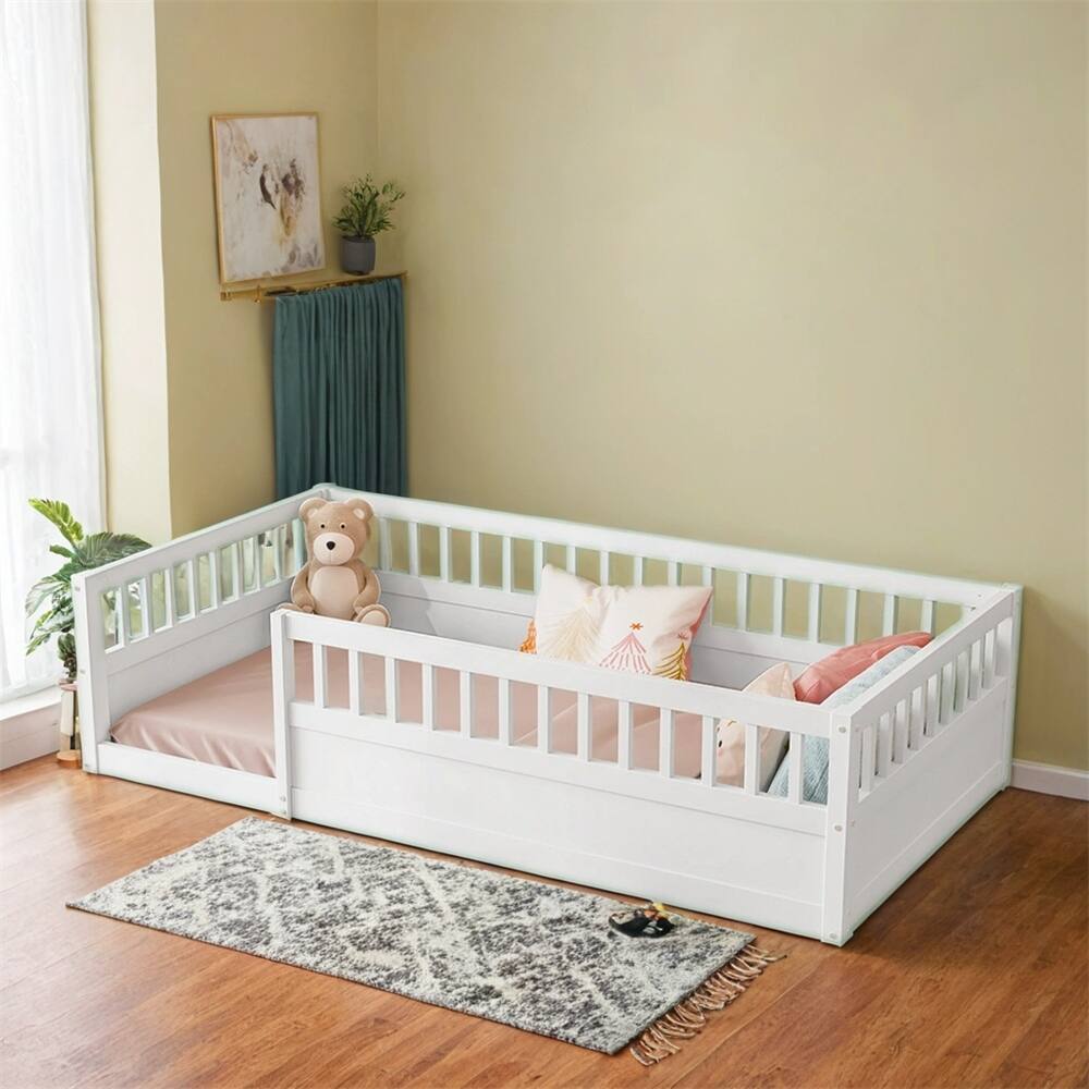 Twin Floor Bed Frame with Fence,Wood Kids Floor Beds Frame for Bedroom