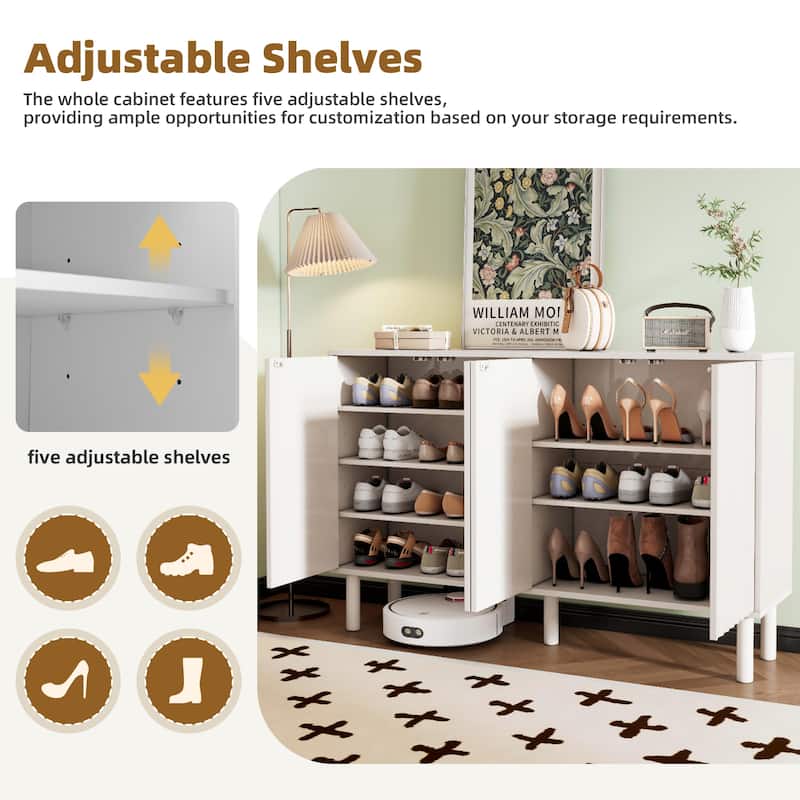 Minimalist Shoe Cabinet with Fluted Doors and 5 Solid Wood Legs - 55.1" W × 13.7" D × 35.4" H