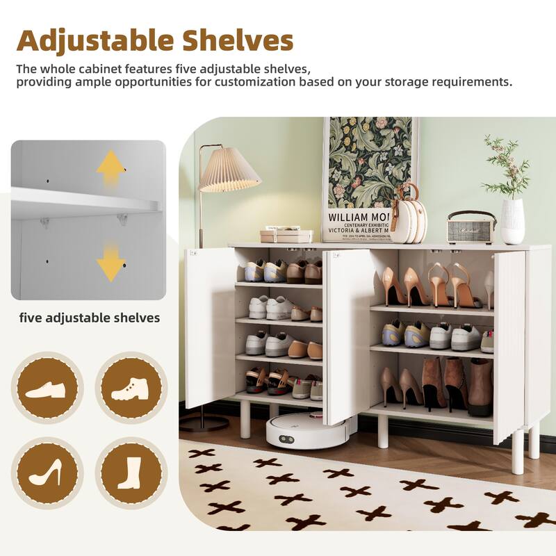 Shoe Cabinet for Entryway with 5 Solid Wood Legs, Large Push-to-Open 4-Door Storage Cabinet with Adjustable Shelves