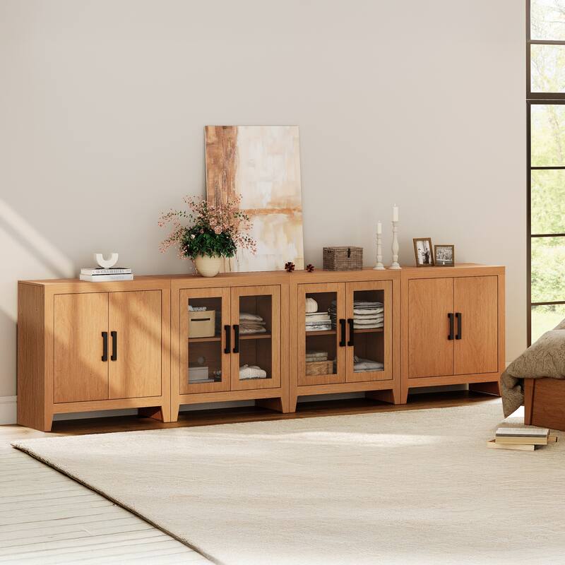 WAMPAT Farmhouse Buffet Cabinet with Glass Doors, 4-Piece Modular Sideboard with Adjustable Shelves
